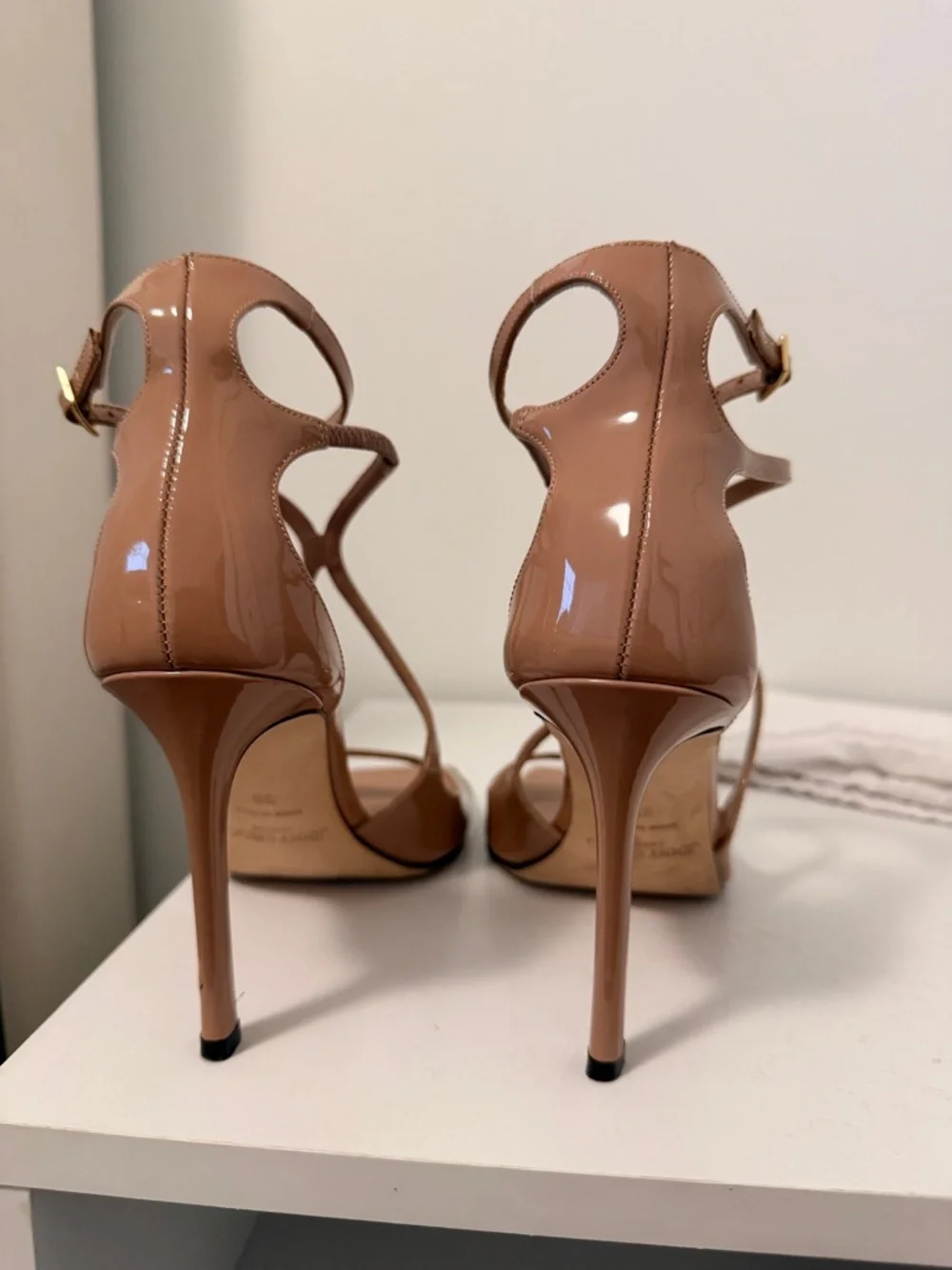 Jimmy Choo 95 Azia Nude Patent Strappy Stiletto Sandals - Picture 4 of 6